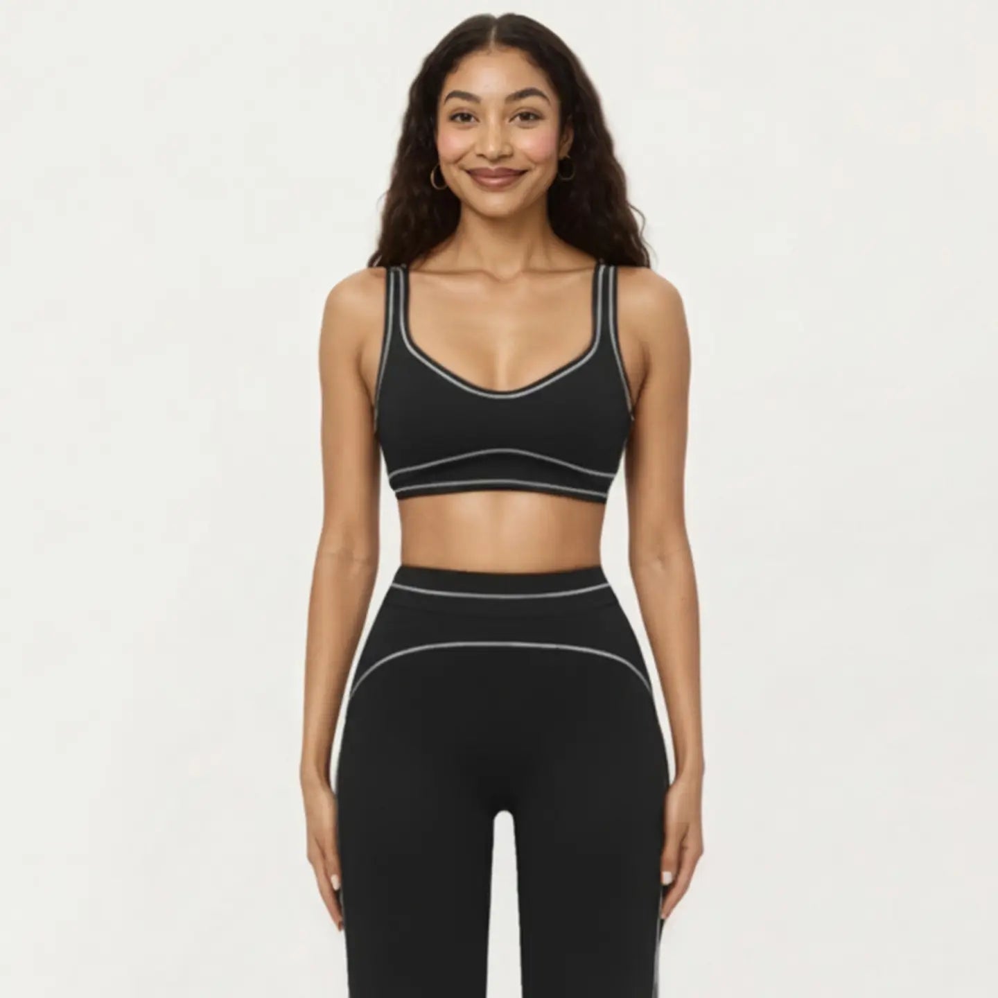 RIBBED FITTED SPORTS BRA TOP WITH SCOOP NECK CONTRAST TRIM AND MEDIUM SUPPORT