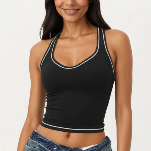 SLEEVELESS FITTED ACTIVE TANK WITH SCOOP NECK CONTRAST TRIM AND SMOOTH STRETCH FABRIC